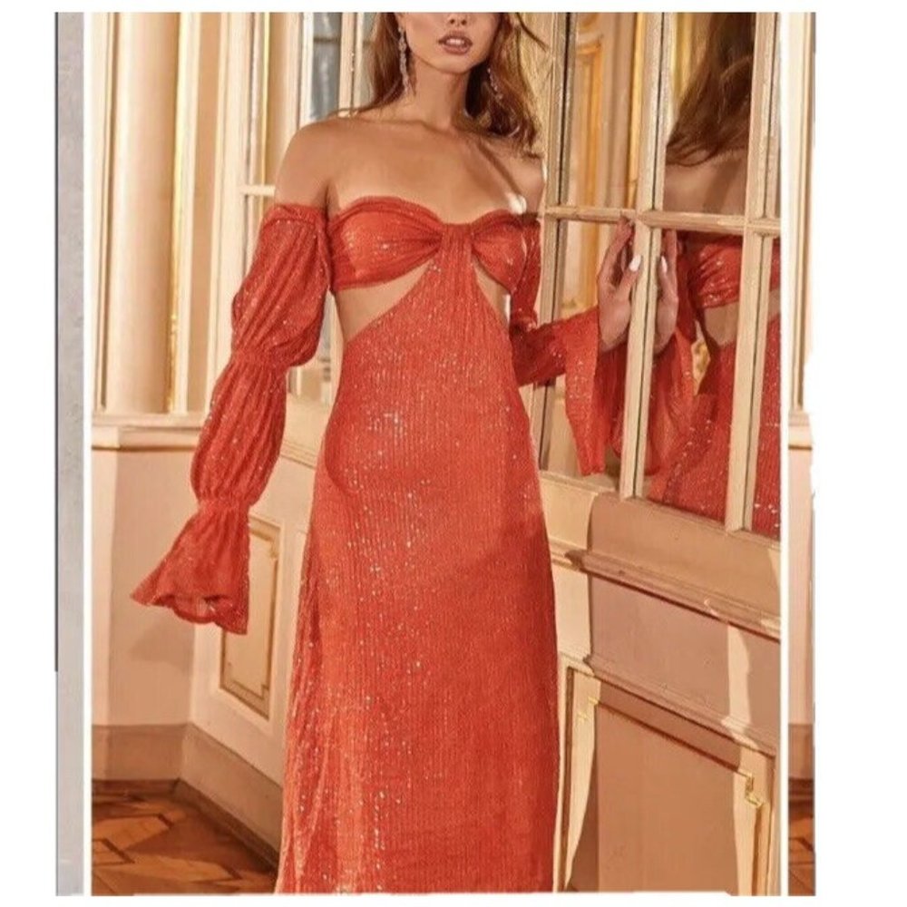 Alamour The Label Orange Sequin Off-Shoulder Midi Dress
